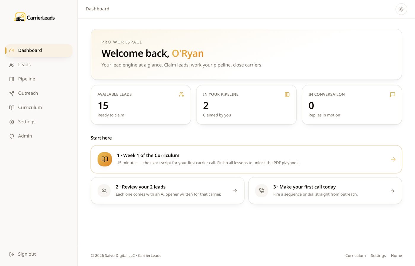 CarrierLeads dashboard with lead counts and the guided first-client path