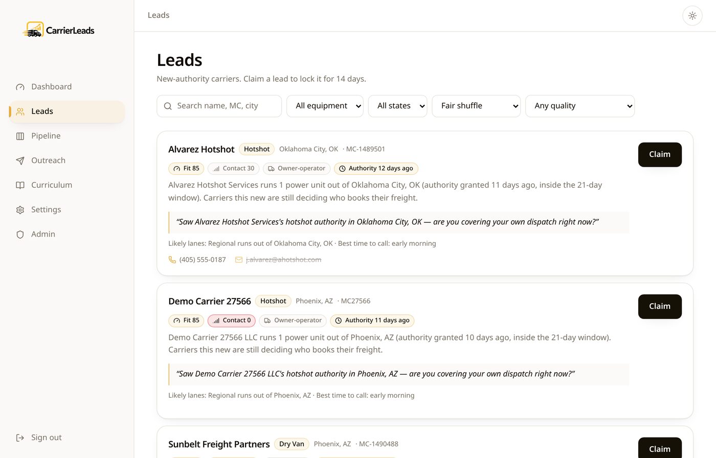 CarrierLeads leads board showing researched new-authority carriers with fit rationale