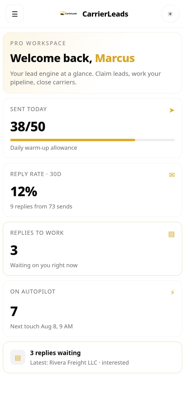The CarrierLeads dashboard on a phone, showing the lead feed, CRM pipeline, and onboarding status