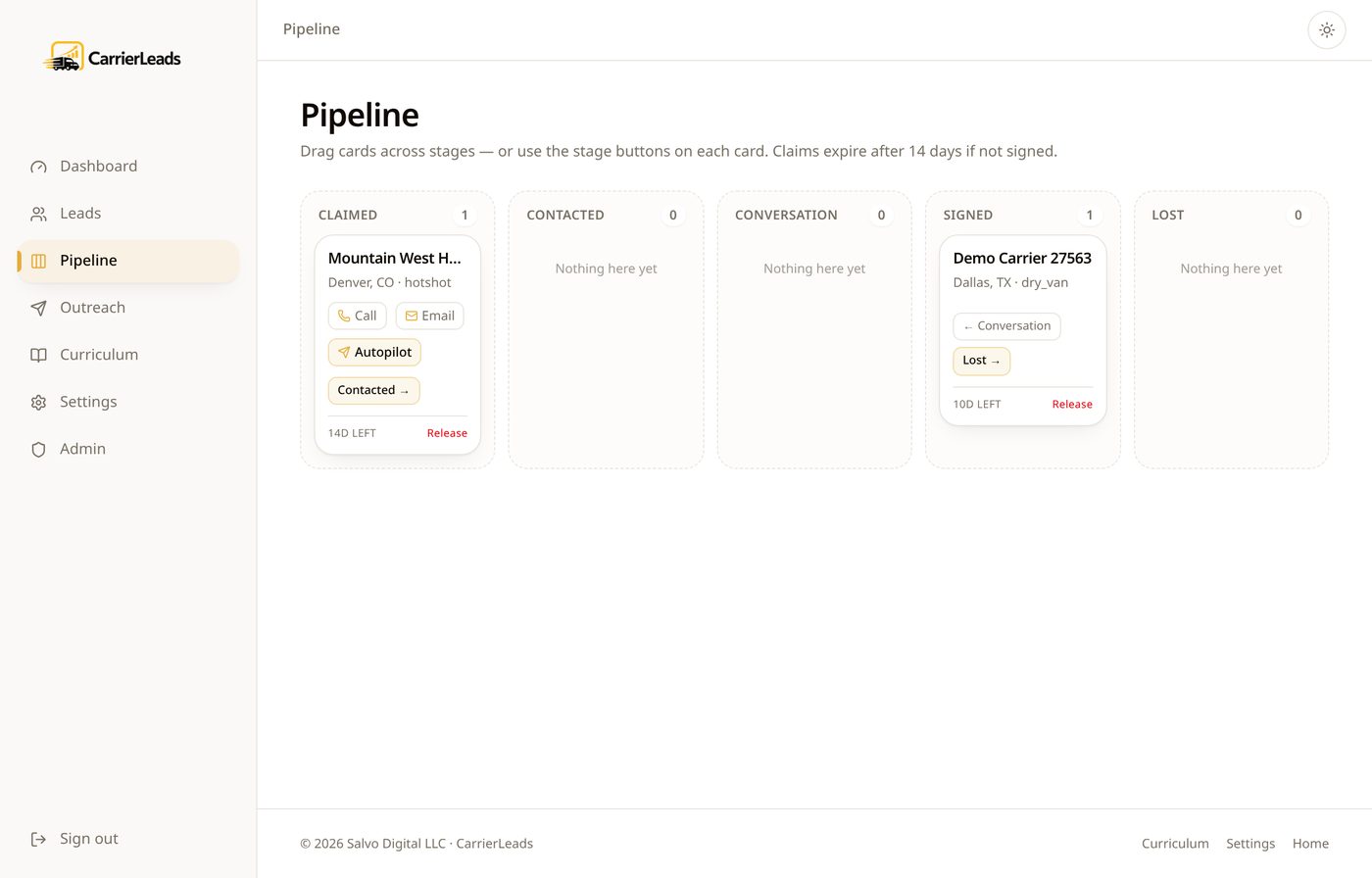 CarrierLeads pipeline tracking claimed carriers through each stage